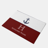 Maroon Nautic Navy Blue Anchor Coastal Monogram Fußmatte (Schrägansicht)