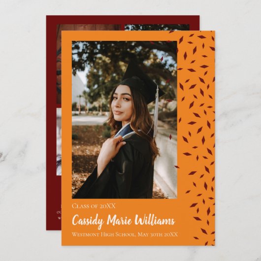 Maroon Orange Confetti Abschluss Ankündigung (Vorne/Hinten)