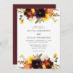Maroon & Orange Fall Floral Watercolor Wedding Inv Einladung