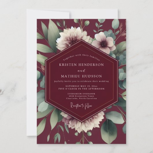 Maroon Painterly Flora Wedding Einladung (Vorderseite)