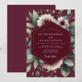 Maroon Painterly Flora Wedding Einladung (Vorne/Hinten)