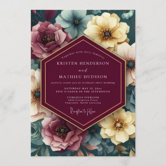 Maroon Painterly Floral Wedding Einladung (Vorderseite)