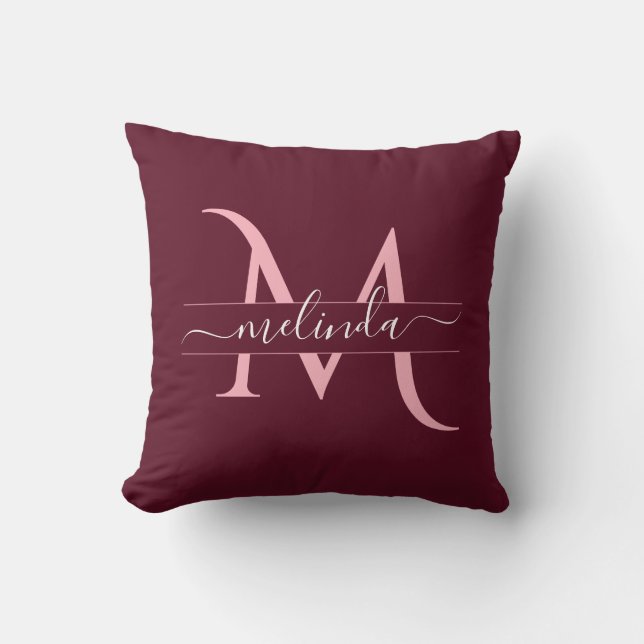 Maroon Pink Custom Monogram Name Script Kissen (Vorderseite)