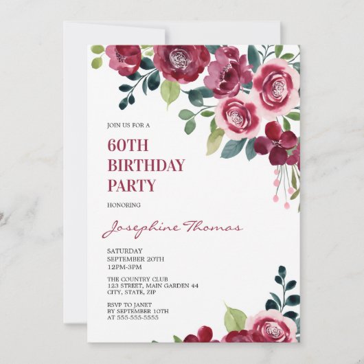 Maroon Pink Rose Floral Greenery Birthday Einladung (Vorderseite)