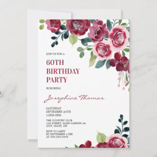 Maroon Pink Rosen Florale Grün Geburtstag Einladung