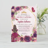 Maroon Plum Red Gold Floral Princess Quinceañera Einladung (Stehend Vorderseite)
