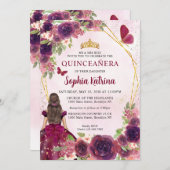 Maroon Plum Red Gold Floral Princess Quinceañera Einladung (Vorne/Hinten)