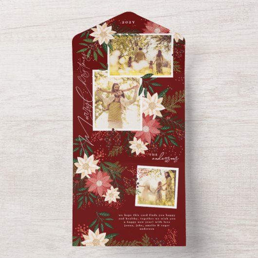 Maroon Poinsettia Foto Collage Frohe Weihnachten All In One Einladung (Innen Boden)