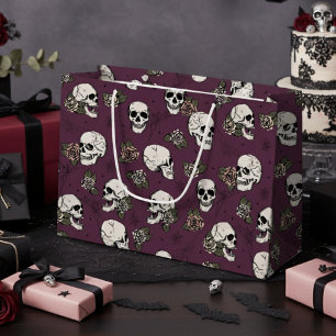 Maroon Purple Gothic Schädel und Rosen Halloween Große Geschenktüte