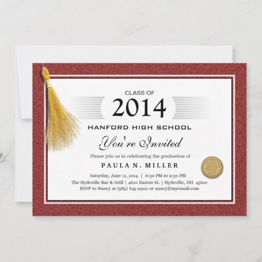 Maroon Red Border Diploma Abschluss & Gold Tassel Einladung (Vorderseite)
