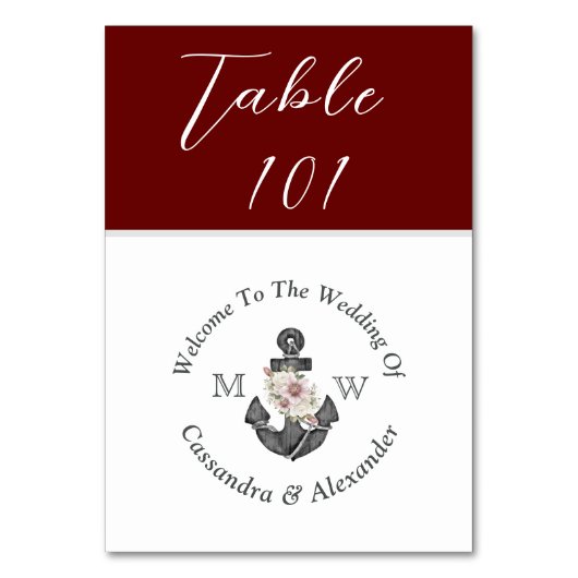 Maroon Red Floral Anchor Tischnummer (Rückseite)