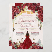 Maroon Red Floral Butterfly Elegant Quinceanera v3 Einladung (Vorne/Hinten)