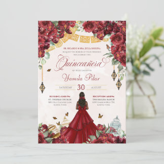 Maroon Red Floral Butterfly Elegant Quinceanera v5 Einladung
