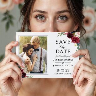 Maroon Red Floral Save the Date Foto Magnet