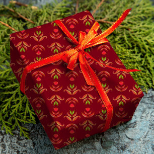 Maroon Red Folk Art Floral Gemütliches & rustikale Geschenkpapier
