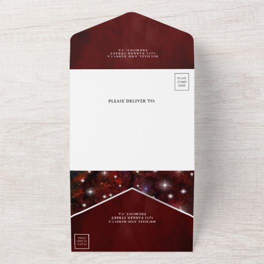 Maroon Red Galaxy Hochzeit im Weltraum All In One Einladung (Außenbereich)