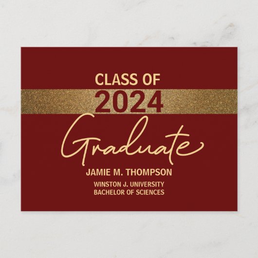 Maroon Red Gold Class 2024 University Abschluss Postkarte (Vorderseite)