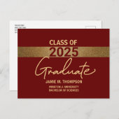 Maroon Red Gold Class 2025 University Abschluss Postkarte (Vorne/Hinten)