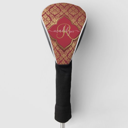 Maroon Red Gold Fleur Damask Muster Monogram Golf Headcover (Vorderseite)