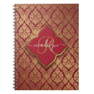 Maroon Red Gold Fleur Damask Muster Monogram Notizblock
