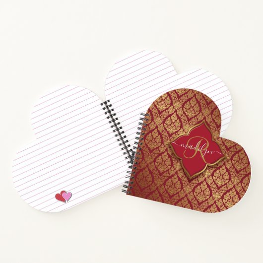 Maroon Red Gold Fleur Damask Muster Monogram Notizblock (Innenseite)