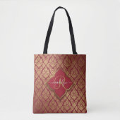 Maroon Red Gold Fleur Damask Muster Monogram Tasche (Vorderseite)