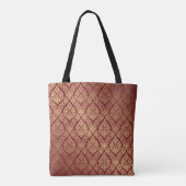 Maroon Red Gold Fleur Damask Muster Monogram Tasche (Rückseite)