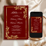 Maroon Red Gold Floral Border Islamic Wedding Einladung<br><div class="desc">Die elegante Hochzeitseinladung mit einem schönen Golddesign und "Bismillah" in arabischer Kalligrafie lädt Sie ein, Ihre Gäste zu einem Besuch in der blühe Altstadt einzuladen. Fügen Sie einfach Ihre Veranstaltungsdetails zu dieser einfach zu bedienenden Vorlage hinzu, um sie zu einer einmaligen Einladung zu machen. Dreh die Karte um eine goldene...</div>