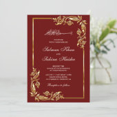 Maroon Red Gold Floral Border Islamic Wedding Einladung (Stehend Vorderseite)