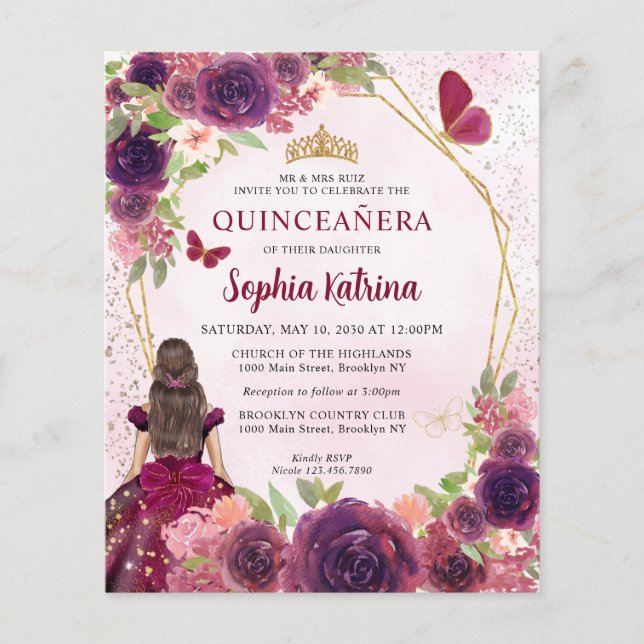 Maroon Red Gold Floral Princess Quinceañera (Vorderseite)