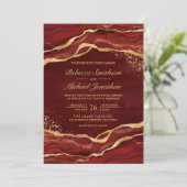 Maroon Red Gold Fluid Ink Foto Wedding Einladung (Stehend Vorderseite)
