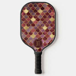 Maroon Red Gold Glitter Mermaid Scales Monogram  Pickleball Schläger