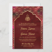 Maroon Red Gold marokkanische Arch Moslem-Hochzeit Einladung (Vorderseite)