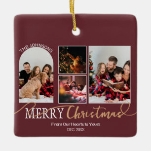 Maroon Red Gold Script Weihnachten Moderne Collage Keramikornament