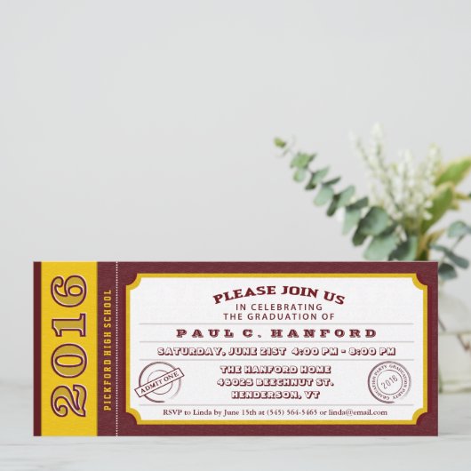 Maroon Red & Gold Ticket Graduation Party - Einlad Einladung (Stehend Vorderseite)