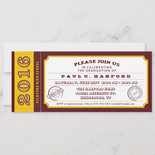 Maroon Red & Gold Ticket Graduation Party - Einlad Einladung (Vorderseite)