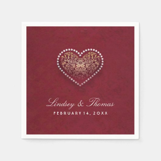 Maroon Red Gold & White Floral Heart Wedding Serviette (Vorderseite)
