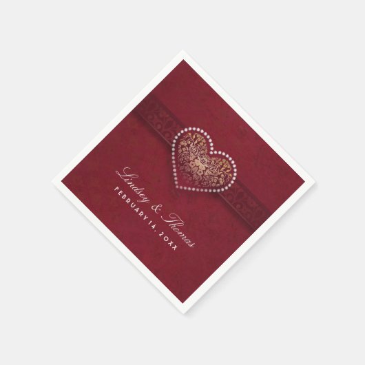 Maroon Red Gold & White Floral Heart Wedding Serviette (Ecke)