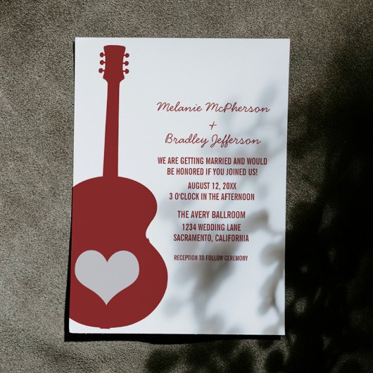 Maroon Red Guitar Heart Wedding Einladung