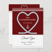Maroon Red Nautical rope Heart Anchor Wedding Dankeskarte (Vorne/Hinten)