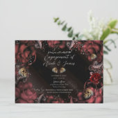 Maroon Red Rust Rose & Skulls Engagement Party Einladung (Stehend Vorderseite)