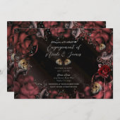 Maroon Red Rust Rose & Skulls Engagement Party Einladung (Vorne/Hinten)