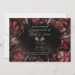 Maroon Red Rust Rose & Skulls Engagement Party Einladung