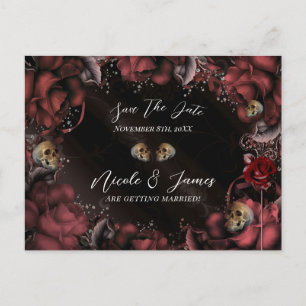 Maroon Red Rust Rose Skulls Gothic Save the Date Ankündigungspostkarte