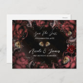 Maroon Red Rust Rose Skulls Gothic Save the Date Ankündigungspostkarte (Vorne/Hinten)