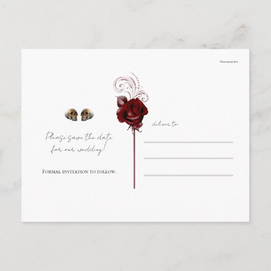 Maroon Red Rust Rose Skulls Gothic Save the Date Ankündigungspostkarte (Rückseite)