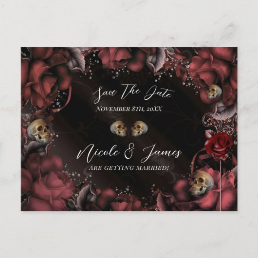 Maroon Red Rust Rose Skulls Gothic Save the Date Ankündigungspostkarte (Vorderseite)
