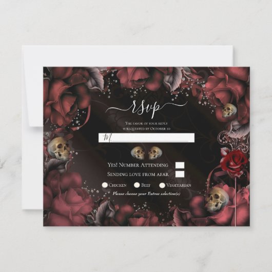 Maroon Red Rust Rose & Skulls Wedding RSVP Einladung (Vorderseite)