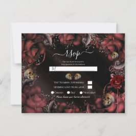 Maroon Red Rust Rose & Skulls Wedding RSVP Einladung