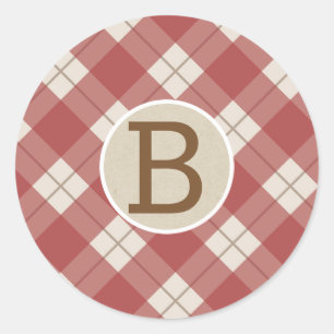 Maroon Red Rustic Country Kariert Kraft Monogram Runder Aufkleber